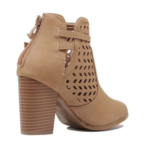 Tan Cutout Buckle Chunky Heel Bootie Boot Glenda-1 - Picture 4 of 5